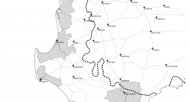 Map showing a number of catchments in south-west Western Australia