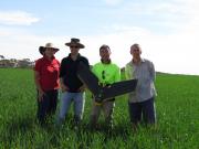 DAFWA Research Officers Andrea Hills, Dr Daniel Huberli, and Geoff Thomas with Rain Liu, using UAV’s (unmanned aerial vehicles) to collect images for study of rhizoctonia bare patch in cereal paddocks.
