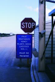 Sign at quarantine checkpoint to stop and declare restricted items such as honey, nuts and other plant material