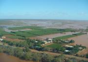 Vast flooding of Carnarvon horticultural area with brown muddy water spanning into the distance