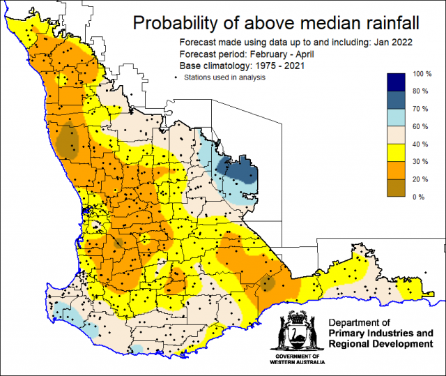 SSF forecast of the probability of exceeding median rainfall for February to April 2022 using data up to and including January. Indicating less than 40% chance of exceeding median rainfall for the majority of the South West Land Division.