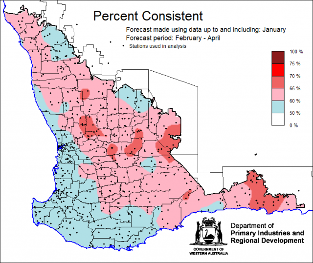 Percent consistent skill of the SSF at forecasting February to April rainfall using data up to and including January. Skill is 50 to 70 percent consistent.