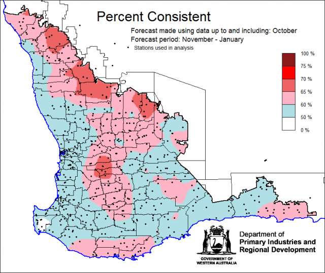 Percent consistent skill of the SSF at forecasting November to January rainfall using data up to and including October. Skill is 50 to 70 percent consistent.