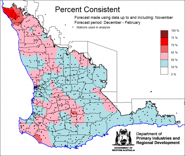 Percent consistent skill of the SSF at forecasting December to February rainfall using data up to and including November. Percent consistent skill of the SSF at forecasting December to February rainfall using data up to and including November. Skill is 50 to 75 percent consistent.