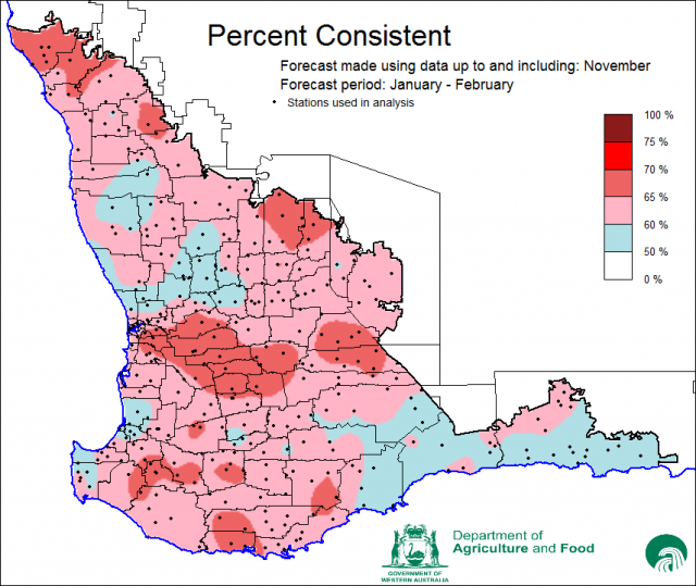 Percent Consistent skill of the SSF at forecasting January to February rainfall using data up to and including November. Skill is 50 to 70 percent consistent.