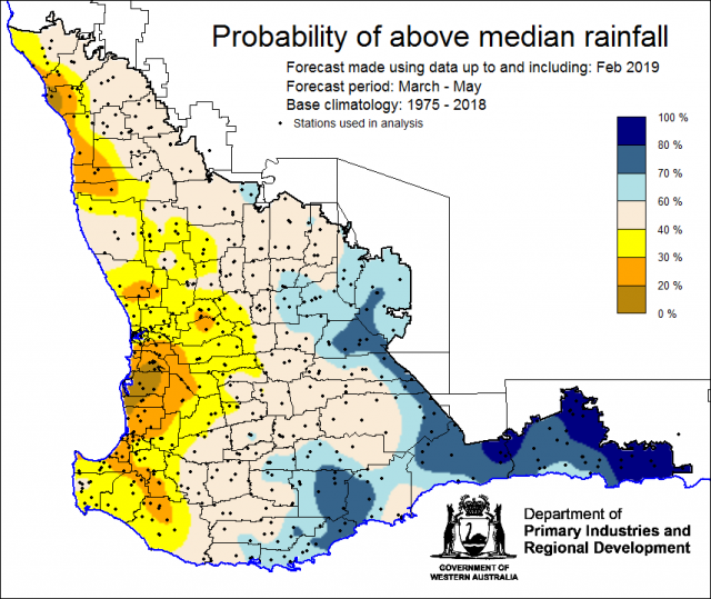 SSF forecast of the probability of exceeding median rainfall for autumn, March to May 2019, using data up to and including February. Indicating mixed chances of the Southwest Land Division receiving above median rainfall.