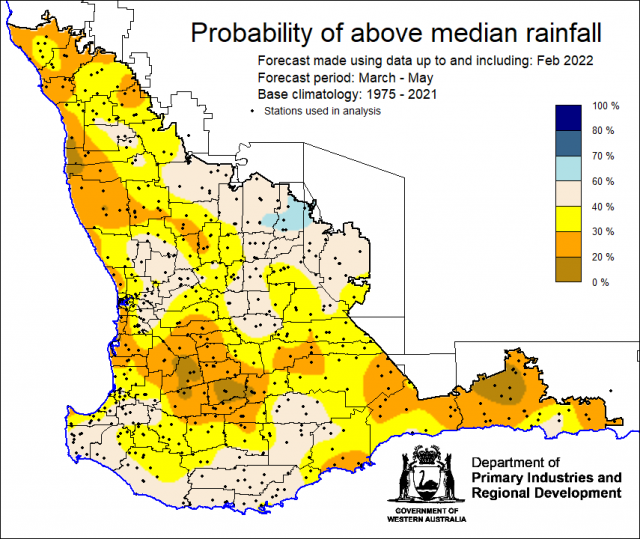 SSF forecast of the probability of exceeding median rainfall for autumn, March to May 2022 using data up to and including February. Indicating less than 40% chance of exceeding median rainfall for the majority of the South West Land Division.