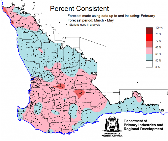Percent consistent skill of the SSF at forecasting autumn March to May rainfall using data up to and including February. Skill is 50 to 70 percent consistent.