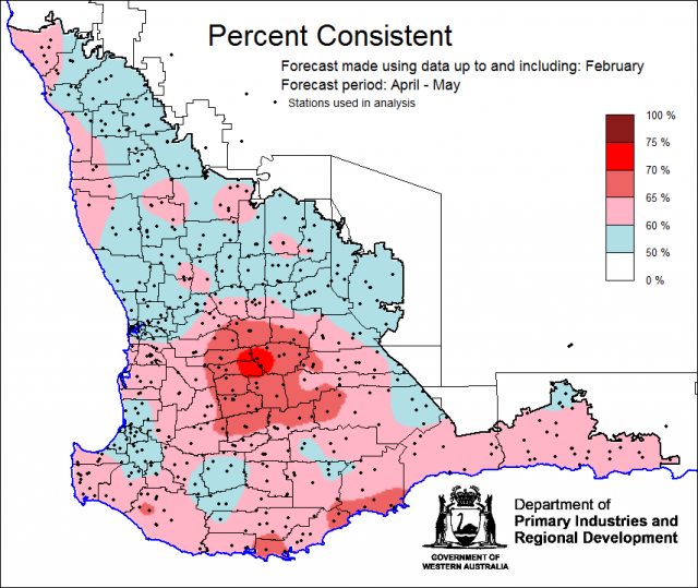Percent Consistent skill of the SSF at forecasting April to May rainfall using data up to and including February. Percent Consistent skill of the SSF at forecasting April to May rainfall using data up to and including February. Skill is 50 to 75 percent consistent.