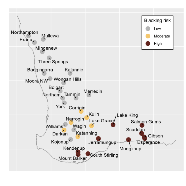 Map showing the relative current risk of spores coinciding with the seedling stage based upon Blackleg Sporacle Model outputs for various locations in Western Australia, 29th April 2024.