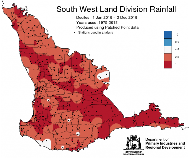 Rainfall decile map 1 January to 2 December 2019 for the South West Land Division indicating decile 1-3 rainfall