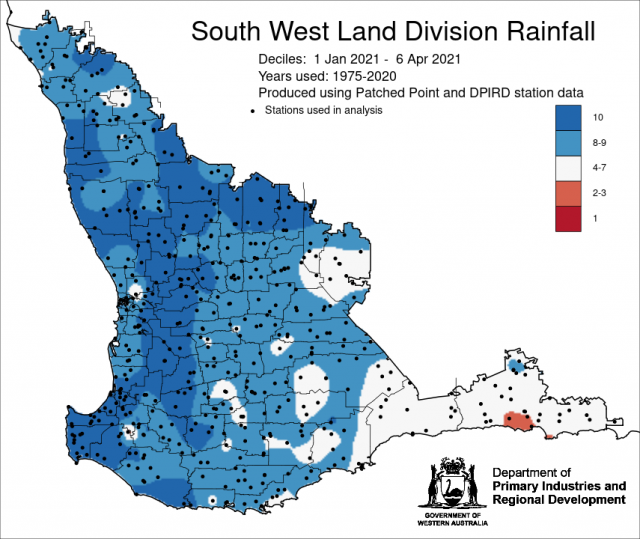 Rainfall decile map for the South West Land Division for 1 January to 6 April 2021, showing decile 8-10 rainfall for the SWLD.