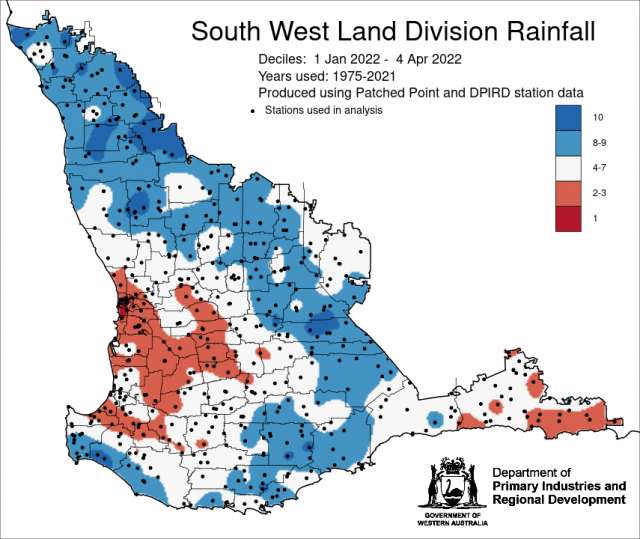 1 January to 4 April 2022 rainfall map for the South West Land Division. Indicating decile 8-9 rainfall for parts of the northern and eastern grainbelt.