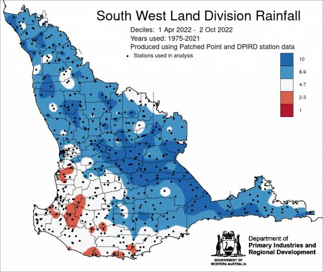 Rainfall decile map for South West Land Division 1 April – 2 October 2022 indicating 8-10 decile rainfall for the majority.