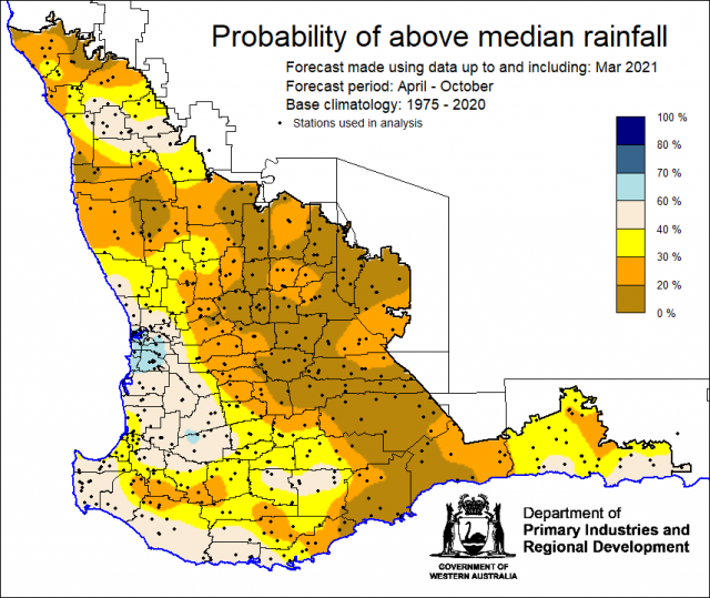 SSF forecast for the probability of exceeding median rainfall for April to October 2021 using data up to and including March. Indicating less than 40% chance of exceeding median rainfall.