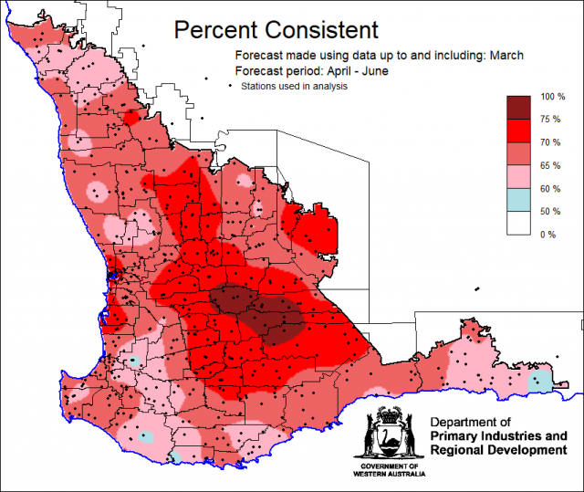 Percent consistent skill of the SSF at forecasting April to June rainfall using data up to and including March. Skill is 50 to 100 percent consistent.