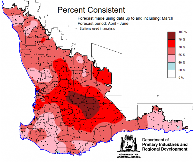 Percent consistent skill of the SSF at forecasting April to June rainfall using data up to and including March. Skill is 60 to 100 percent consistent.