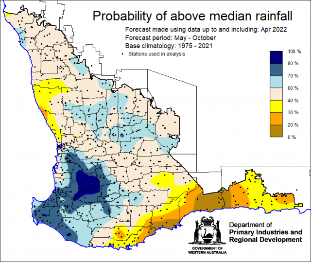 SSF forecast of the probability of exceeding median rainfall for May to October 2022 using data up to and including April. Indicating mixed probabilities of above median rainfall for the South West Land Division.