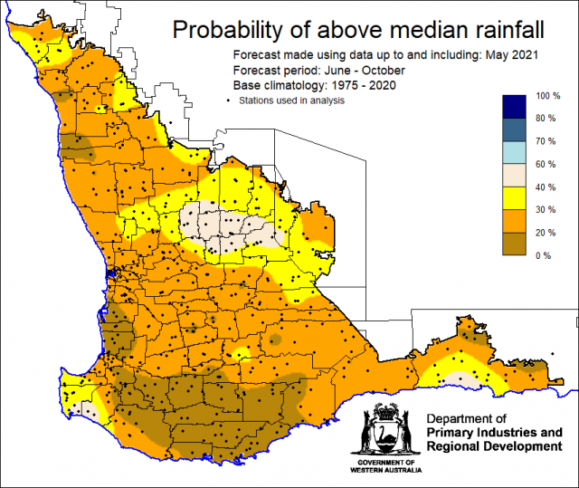 SSF forecast of the probability of exceeding median rainfall for June to October 2021 using data up to and including May. SSF forecast of the probability of exceeding median rainfall for June to October 2021 using data up to and including May. Indicating less than 40% chance of exceeding median rainfall for the majority of the South West Land Division.