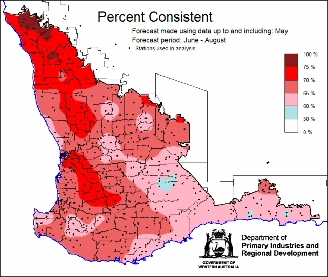 Percent Consistent skill of the SSF at forecasting June to August rainfall using data up to and including May. Skill is 50 to 100 percent consistent