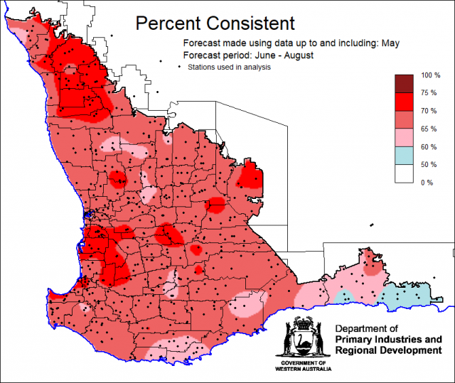 Percent consistent skill of the SSF at forecasting winter, June to August rainfall using data up to and including May. Skill is 50 to 75 percent consistent.