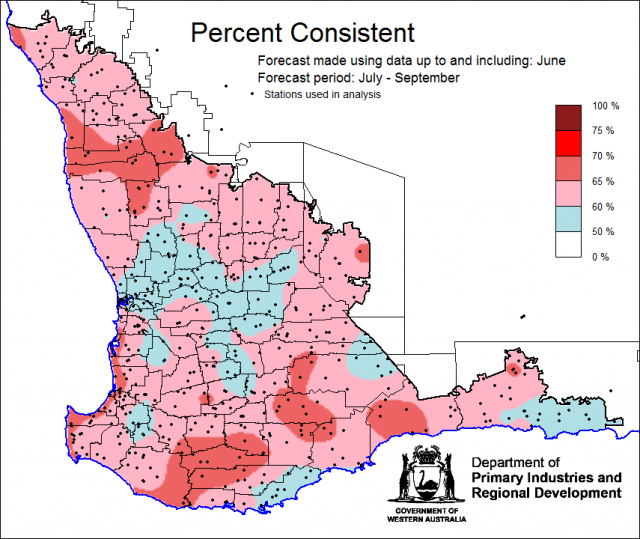 Percent Consistent skill of the SSF at forecasting July to September rainfall using data up to and including June. Skill is 50 to 70 percent consistent.
