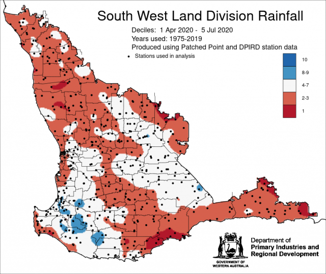 Rainfall decile map for 1 April to 5 July 2020 in the South West Land Division. Indicating below average rainfall for the majority of the SWLD.