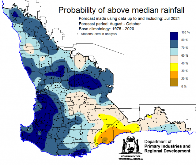 SSF forecast of the probability of exceeding median rainfall for August to October 2021 using data up to and including July. Indicating more than 60% chance of exceeding median rainfall for the majority of the South West Land Division.
