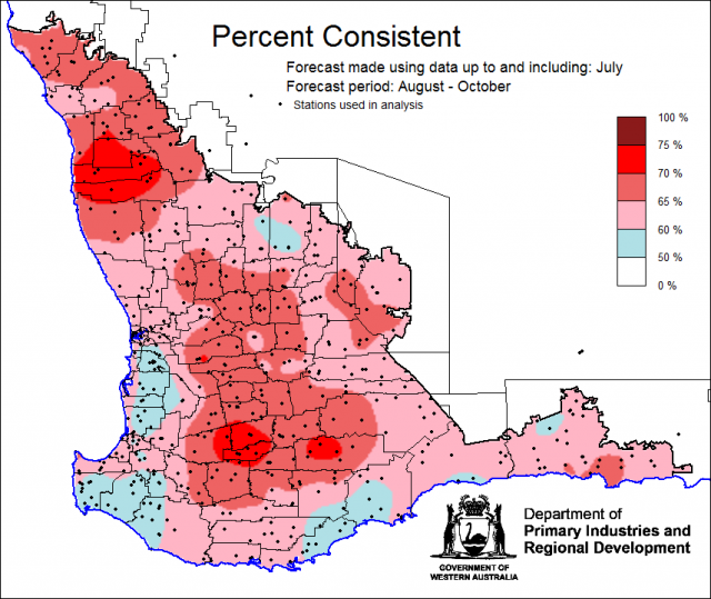 Percent Consistent skill of the SSF at forecasting August to October rainfall using data up to and including July . Percent Consistent skill of the SSF at forecasting August to October rainfall using data up to and including July. Skill is 50 to 75 percent consistent.