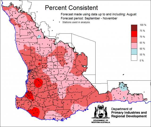 Percent Consistent skill of the SSF at forecasting September to November rainfall using data up to and including August. Skill is 50 to 75 percent consistent.