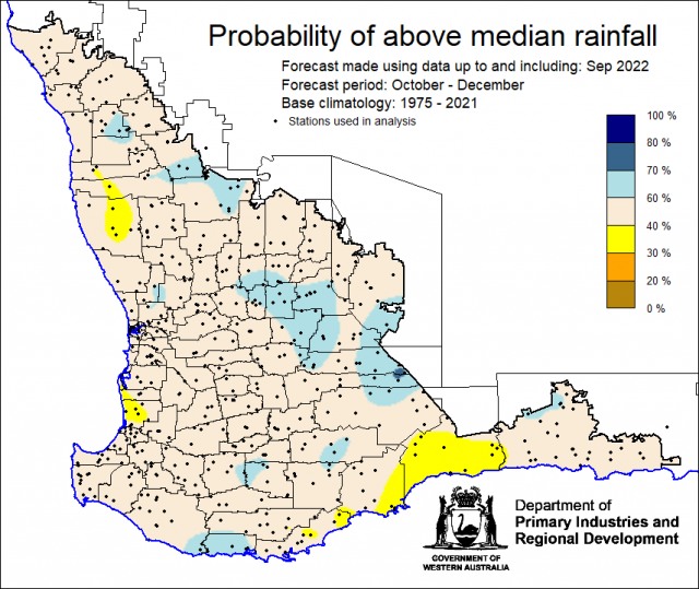 SSF forecast of the probability of exceeding median rainfall for October to December 2022 using data up to and including September. Indicating generally neutral (40-60%) probabilities of above median rainfall for the South West Land Division.