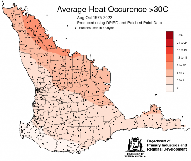 Average number of days above 30C in August to October for the years 1975-2022 in the South West Land Division. Shows the northern grainbelt being warmer than elsewhere.