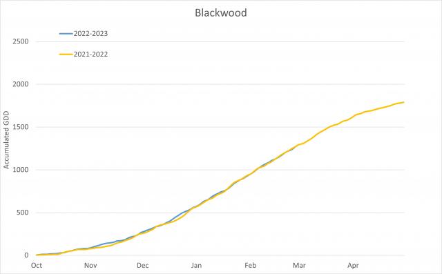 Blackwood Valley 2021-2023 season growing degree days comparison between 2 vintages