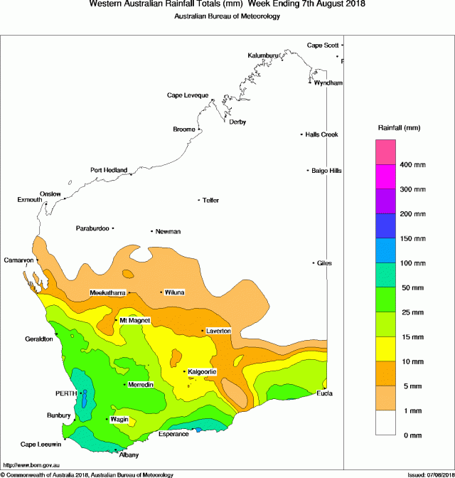 Rainfall for the month to date in millmetres Map of Western Australia showing coloured areas of rainfall levels in millimetres