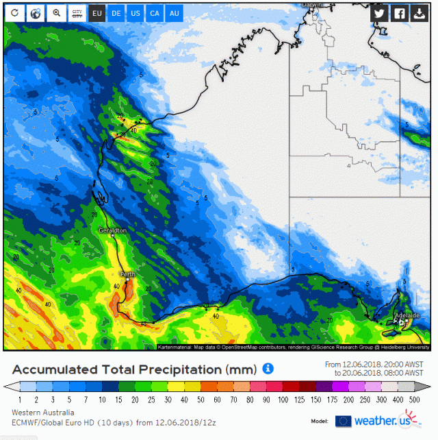 Forecast rain for the next week from the ECMWF Map of rainfall forecast for the next week to 20 June 2018 in millimetres from the ECMWF model