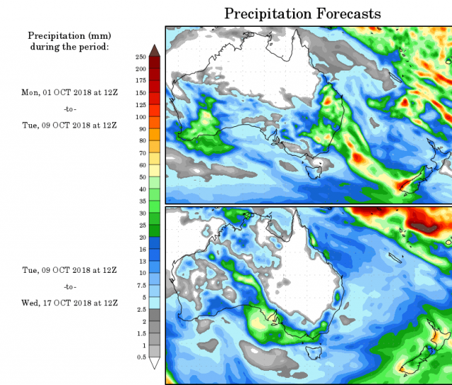 Map of Australia showing coloured areas of rainfall levels in millimetres