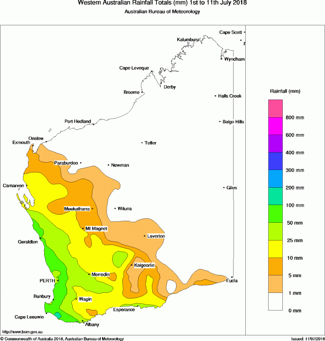 Monthly rainfall to date in millimetres Map of monthly rainfall in millimetres for 1 to 11 July 2018