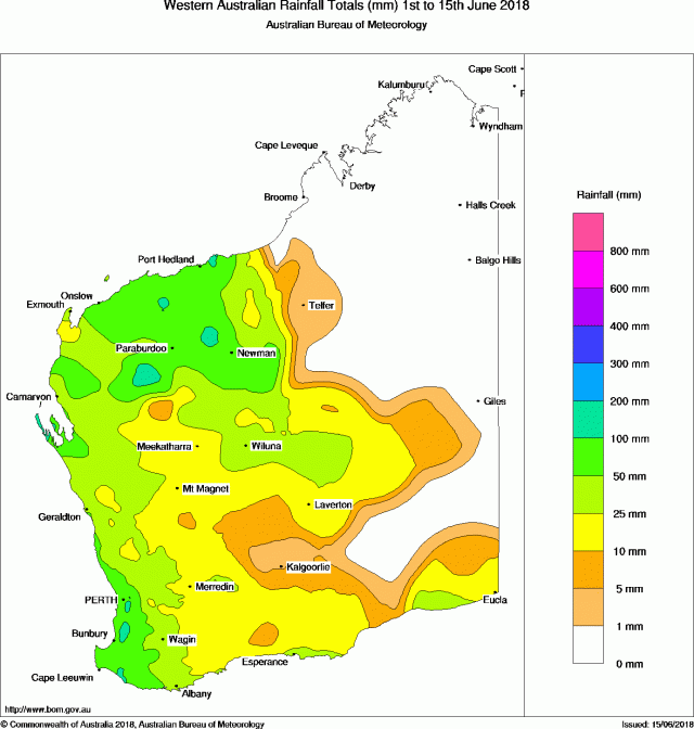 Total monthly rain to date mm) Map of Western Australia showing coloured areas of rainfall levels in millimetres for 1 to 15 June 2018
