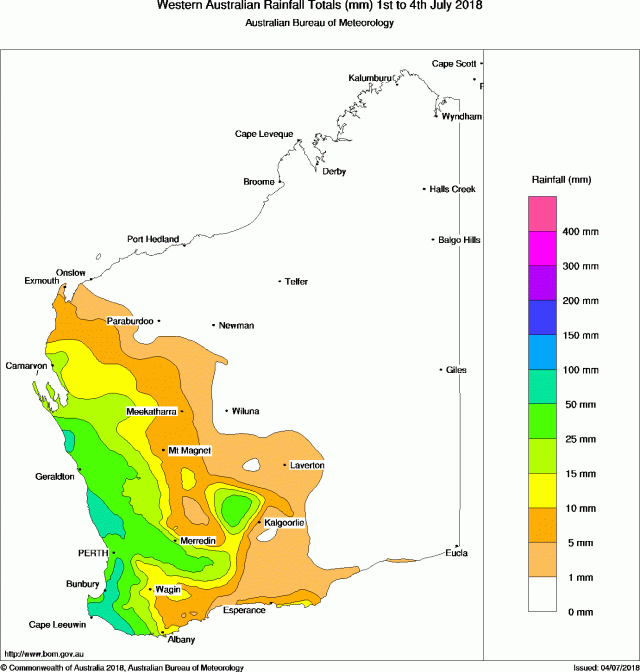 Rainfall for the month to date Map of Western Australia showing coloured areas of rainfall levels in millimetres