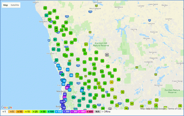 Monthly rainfall to date in millimetres DPIRD northern stations Map of Western Australia showing rainfall totals in millimetres from DPIRD northern weather stations for 1 to 26 June 2018