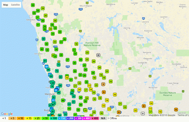DPIRD weather stations monthly rain to date Map of the northern grainbelt with DPIRD weather stations marked with monthly rainfall to date
