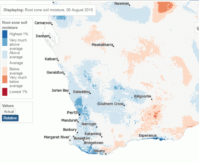 Soil water storage relative Map of Western Australia showing coloured areas of relative soil water storage
