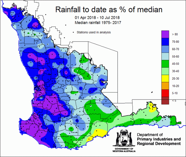 Seasonal rain percent of median since 1 April 2018 Map of seasonal rainfall as a percentage of median rain for 1 April to 10 July 2018