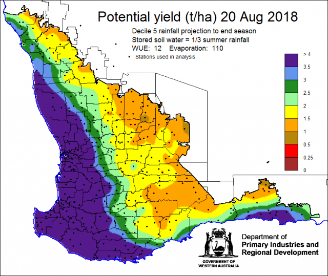 Potential crop yield Map of Western Australia showing potential crop yield in tonnes per hectare at 20 August 2018