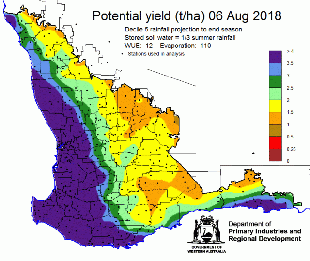 Potential crop yield Map of Western Australia showing coloured areas of potential crop yield