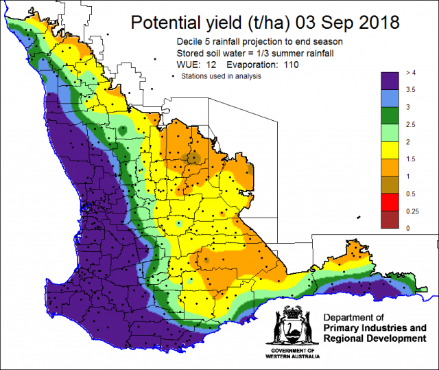 Map of Western Australia showing potential crop yield in tonnes per hectare at 3 September 2018