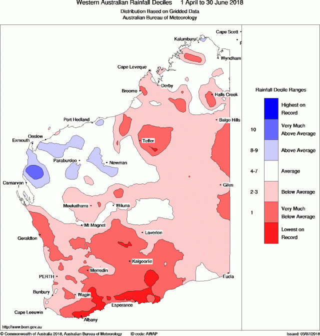 Map of Western Australia showing coloured areas of rainfall decile ranks