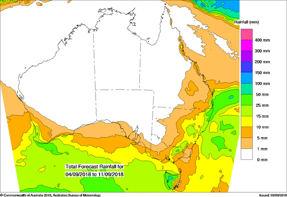 Map of Australia showing forecast rainfall 4 to 11 September 2018
