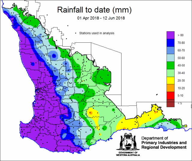 Rainfall from 1 April to 12 June 2018 Map of Western Australia showing coloured areas of rainfall totals sice 1 April 2018, in millimetres