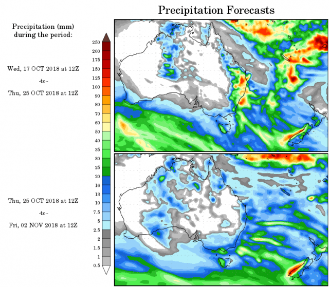 Map of  Australia showing coloured areas of rainfall levels in millimetres